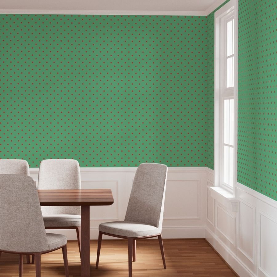 Red Vermillion Polka Dots on Vintage Christmas Green Wallpaper yellow dots wallpaper