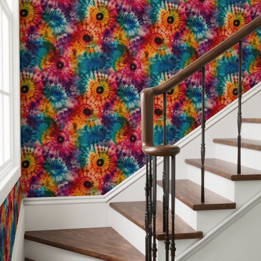 Jumbo Tie Dye Batik in Bright Multi Rainbow Colors Circling Swirls Interior Collection Home Styling Collection wax transfer wallpaper