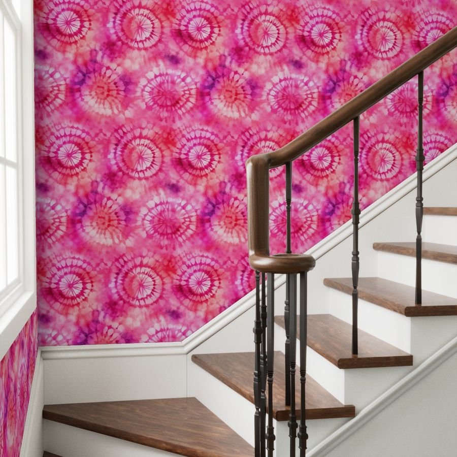 Jumbo Tie Dye Reddish Pink and Purple Circling Swirls Wallpaper pink tie-dye wallpaper