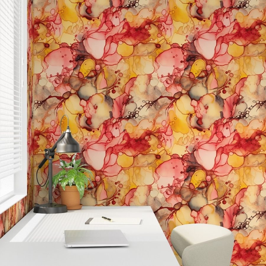 Sunrise Yellow and Peach with Rose Gold Alcohol Ink Liquid Swirls Wallpaper sunrise yellow wallpaper