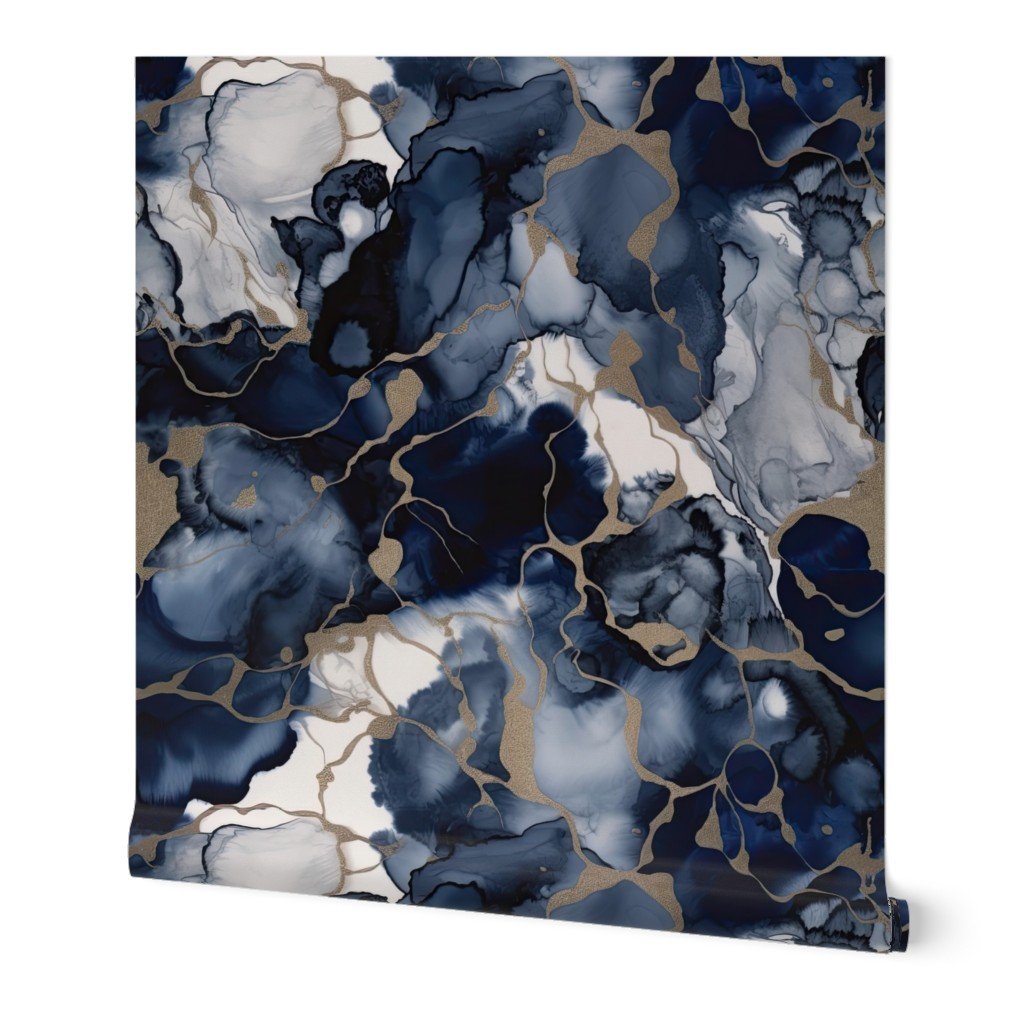 Twilight Navy Blue and Grey with Antique Gold Alcohol Ink Liquid Wallpaper twilight ink wallpaper