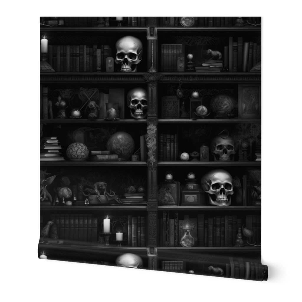Spooky Photo realistic Dark Academia Bookshelves in Black and White Wallpaper spooky library wallpaper