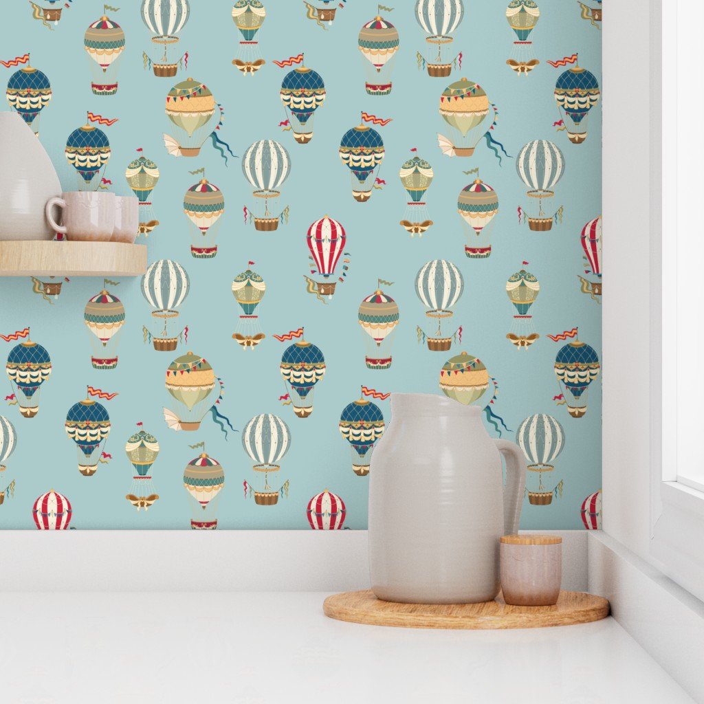 Small Vintage Hot Air Balloons in Sky Blue Wallpaper vintage art wallpaper