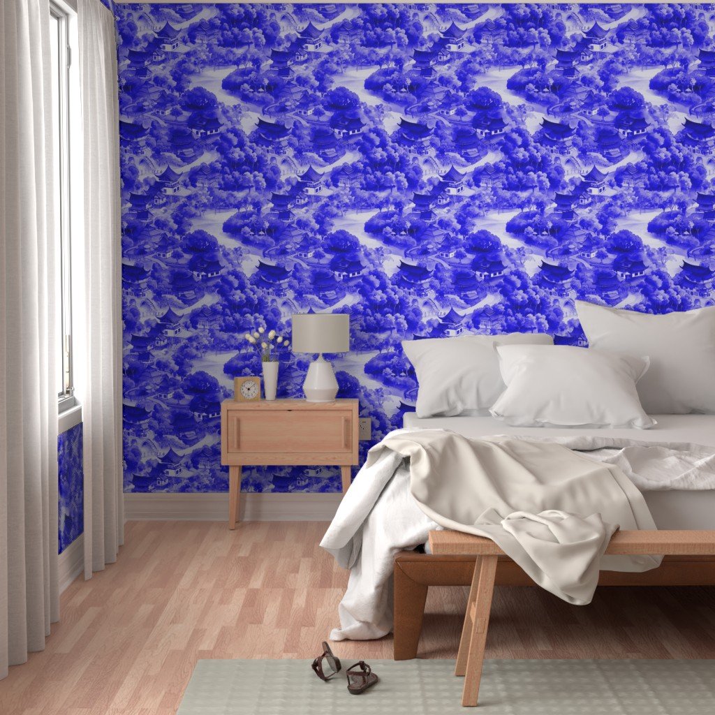 Small Chinese Village in Royal Blue Porcelain Glaze Wallpaper chinese villages wallpaper