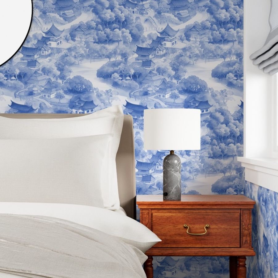 Small Chinese Village in Light Blue Porcelain Glaze Wallpaper light blue wallpaper
