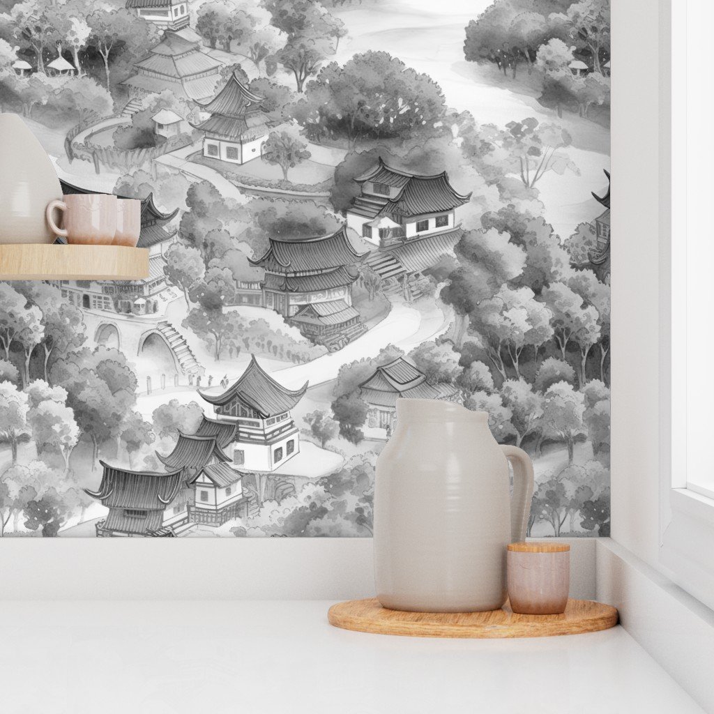 Small Chinese Village in Grey Porcelain Glaze Wallpaper grey glaze wallpaper