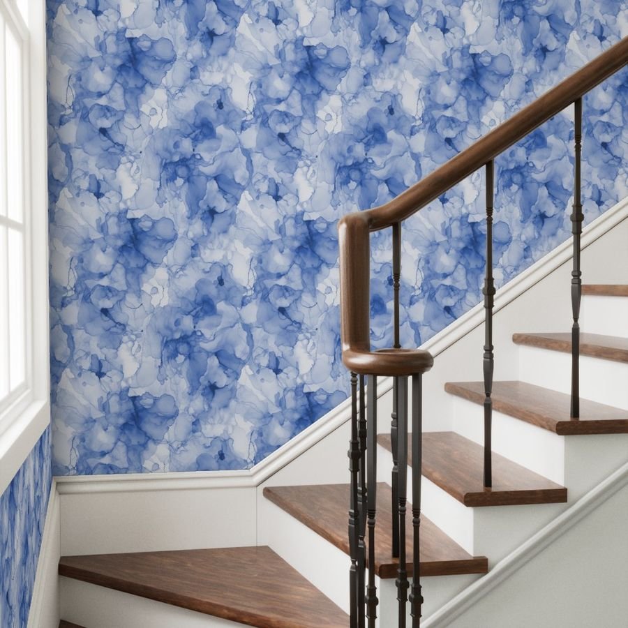 Alcohol Liquid Ink Swirls in Light Blue Porcelain Glaze Wallpaper blue ink print wallpaper