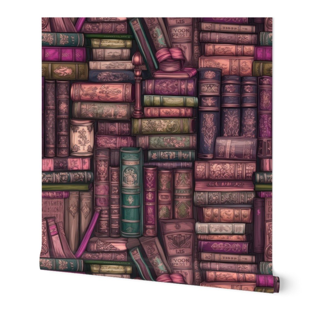 Pink Stacked Bound Vintage Books on Library Book Shelf Wallpaper life-size books wallpaper