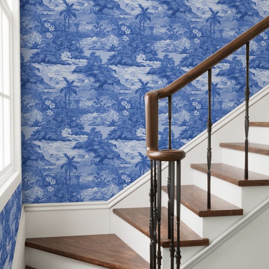Vintage Hawaiian Landscape in Light Blue Porcelain Glaze Wallpaper old hawaii wallpaper