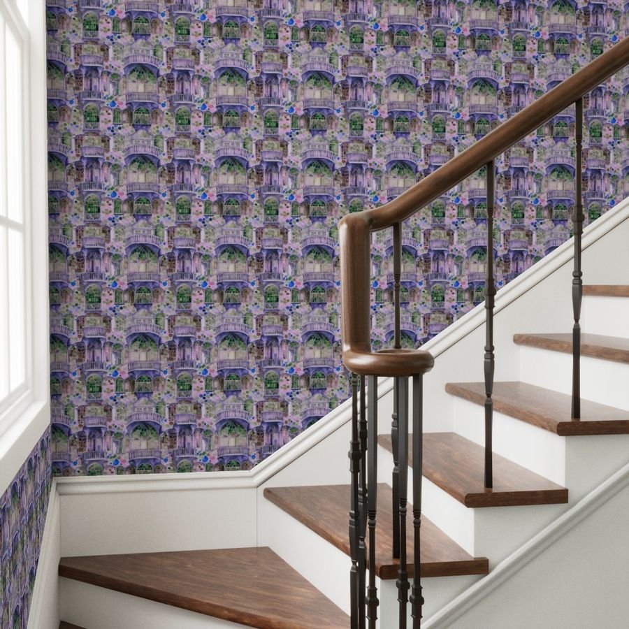 Barcelona House Architectural Detail in Windows Columns Arches and Wallpaper colorful pattern wallpaper