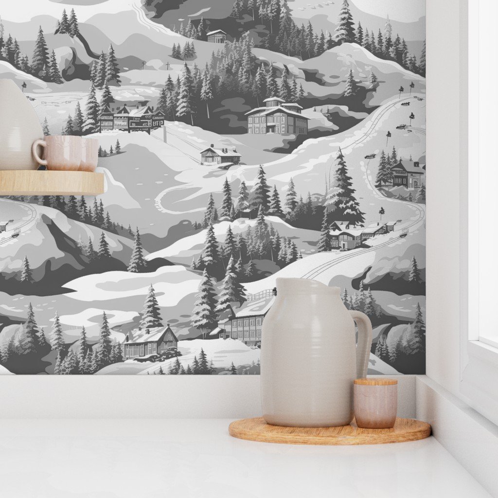 Small Montana Winter Cabins Montana with Evergreens in Grey Wallpaper ski slope wallpaper