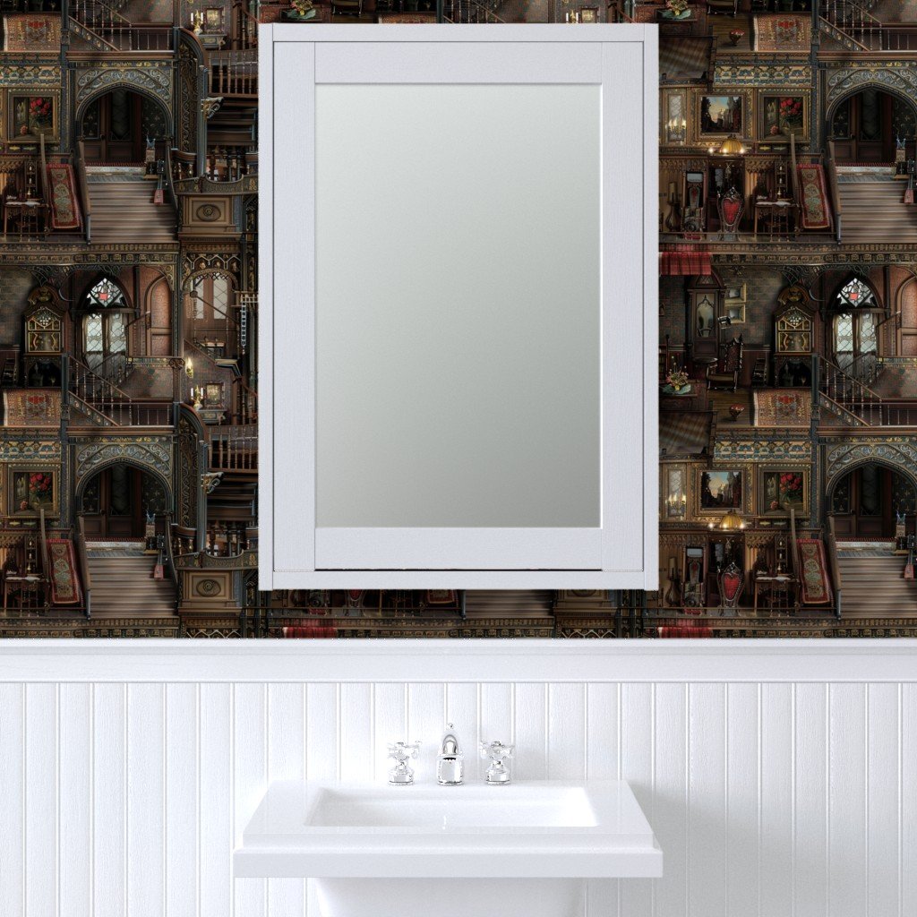 Victorian Gothic Haunted Dollshouse with Dolls in Dark Academia Wallpaper dolls house decor wallpaper