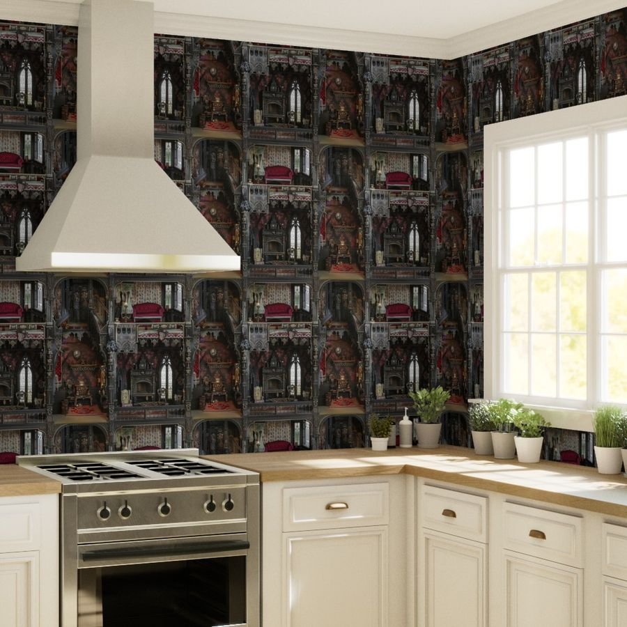 Victorian Gothic Haunted Dollshouse with Dolls in Dark Academia Wallpaper dolls house decor wallpaper