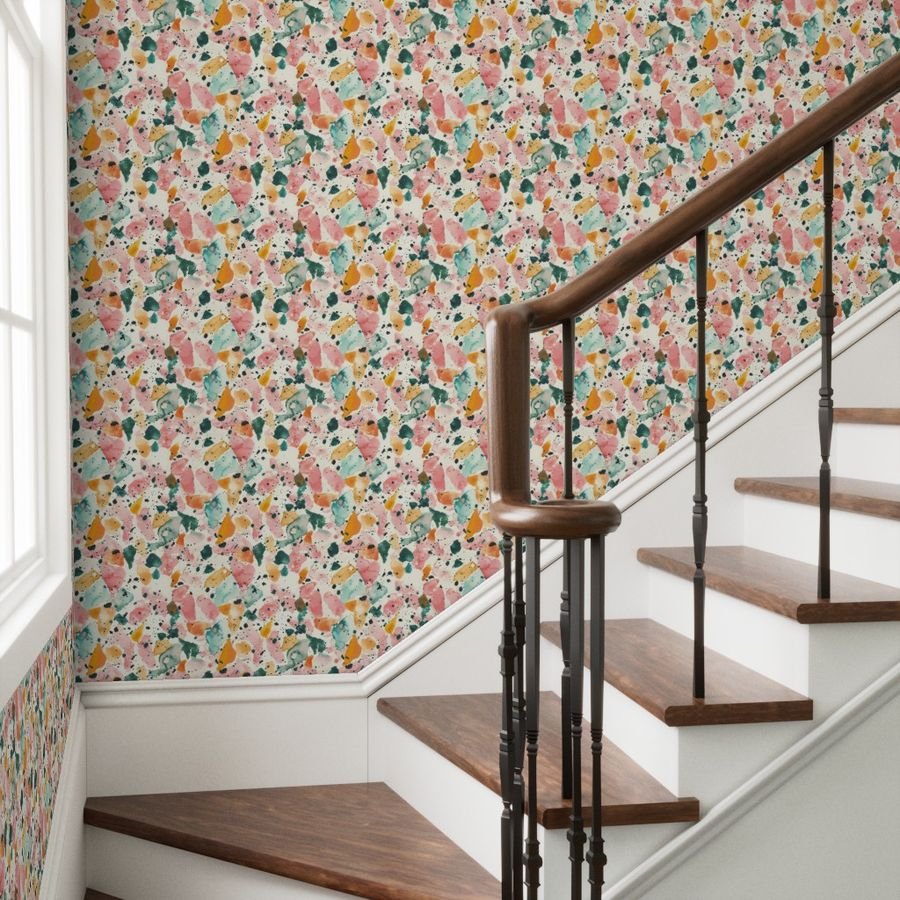 Orange Rose and Aqua Watercolor Terrazzo Splashes Wallpaper watercolor pattern wallpaper