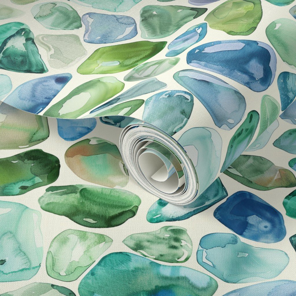 Blue and Green Shards of Tumbled and Scattered Watercolor Seaglass Wallpaper seaglass pattern wallpaper