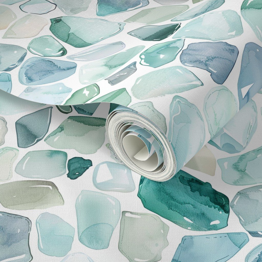 Blue and Aqua Shards of Tumbled and Scattered Watercolor Seaglass Wallpaper seaglass pattern wallpaper