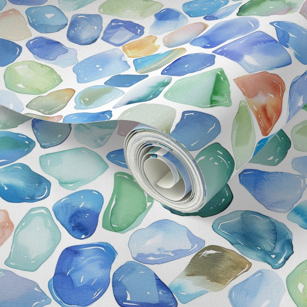 Blue Toned Shards of Tumbled and Scattered Watercolor Seaglass Wallpaper seaglass pattern wallpaper