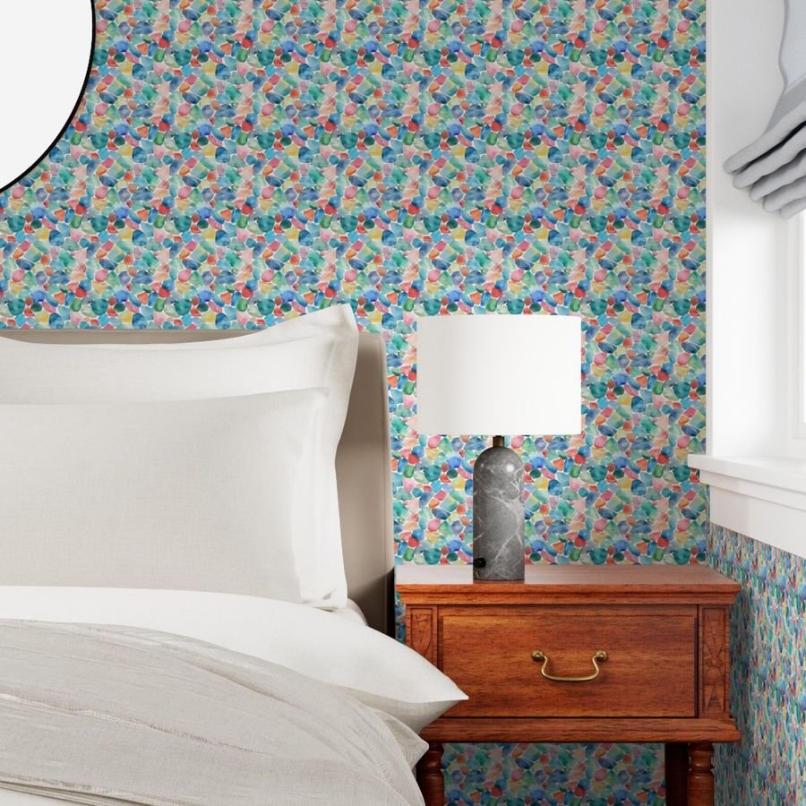 Blue and Multicolor Shards of Tumbled and Scattered Watercolor Wallpaper seaglass repeat wallpaper