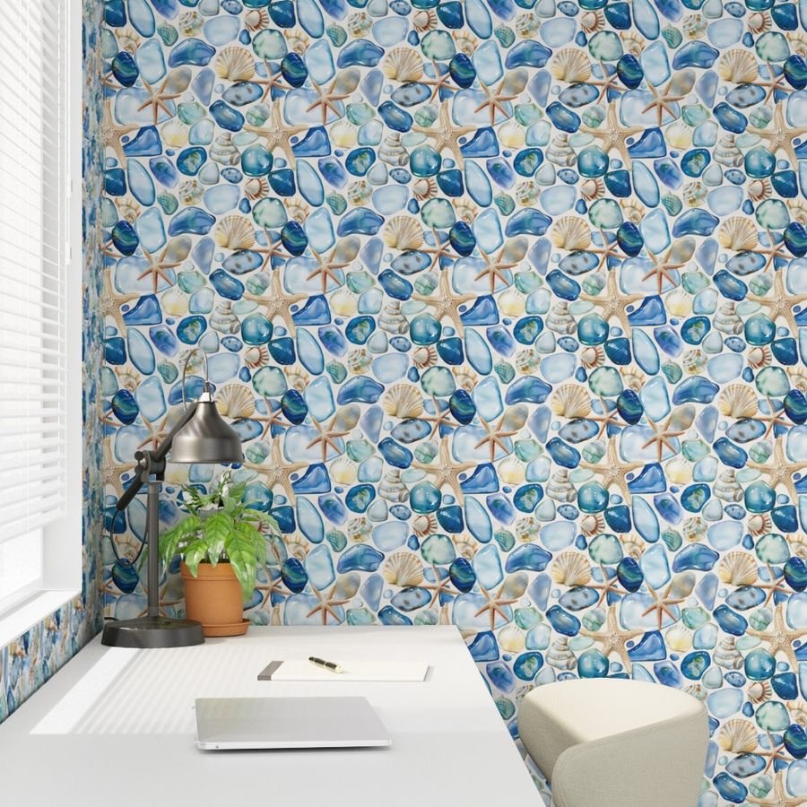 Blue and Sand Seashells and Shards of Tumbled and Scattered Wallpaper shell repeat wallpaper