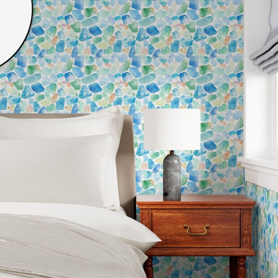 Blue and Green Shards of Tumbled and Scattered Watercolor Seaglass Wallpaper seaglass repeat wallpaper