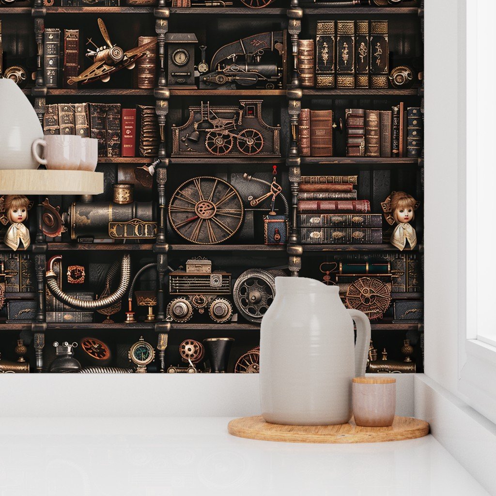 Steampunk Vintage Bookcase Gears Pipes and Antique Treasures Wallpaper antique trains wallpaper