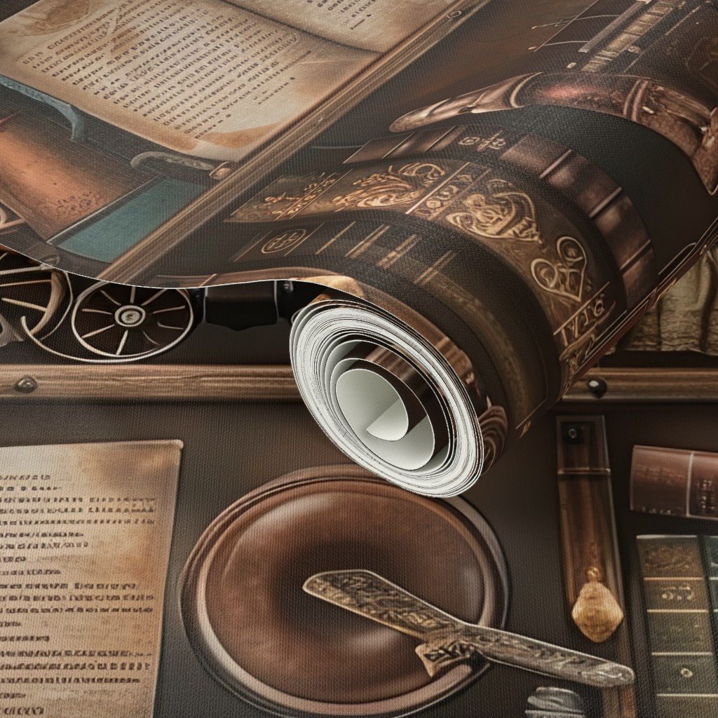 Vintage Steampunk Bookcase with Antique Trains and Books Wallpaper antique trains wallpaper
