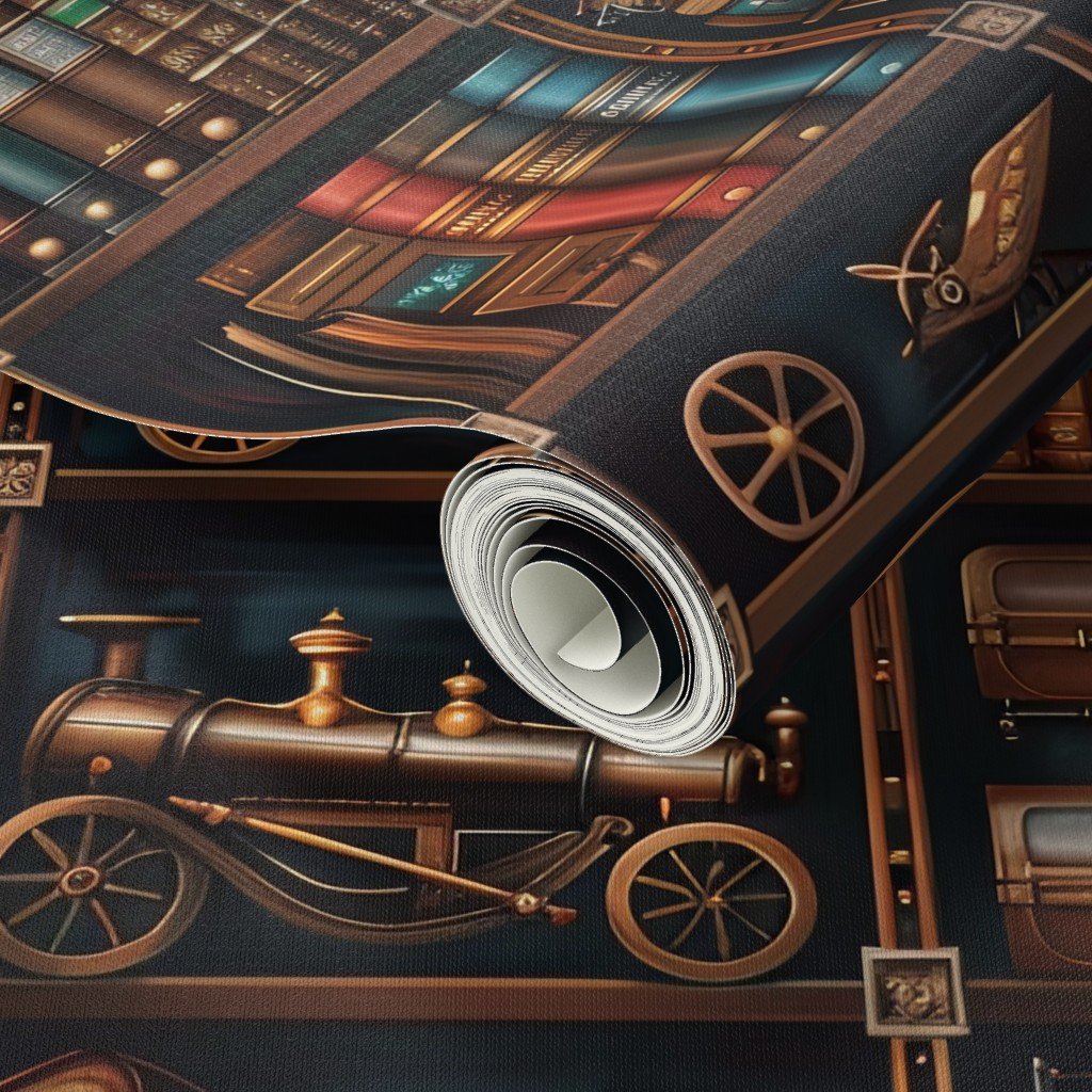 Vintage Steampunk Bookcase with Intricate Mechanical Wonders Wallpaper scientific instrumen wallpaper