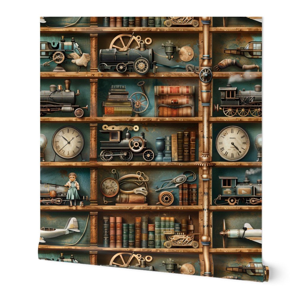 Vintage Steampunk Bookcase with Trains Gears and Clocks Wallpaper aged metal wallpaper