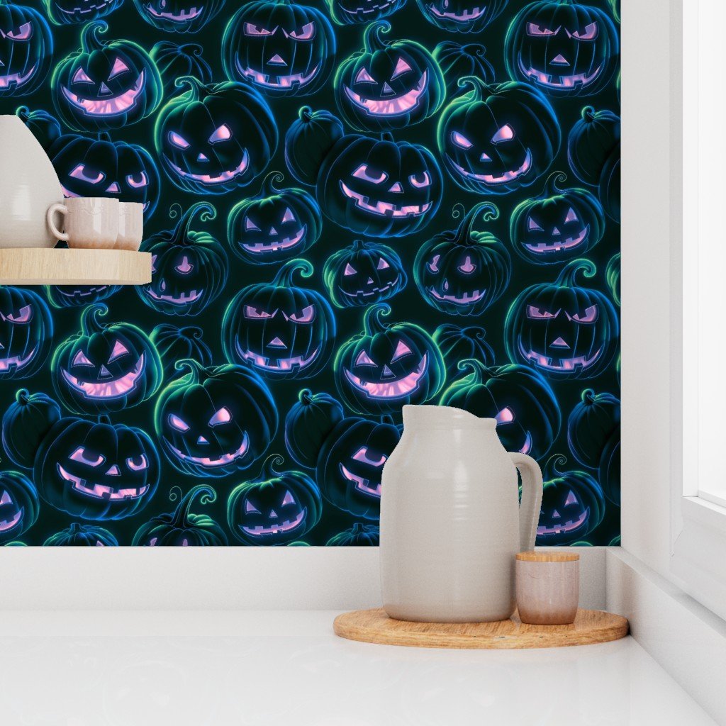 Neon Blue and Pink Halloween Pumpkins Glowing in the Dark Wallpaper festive wallpaper