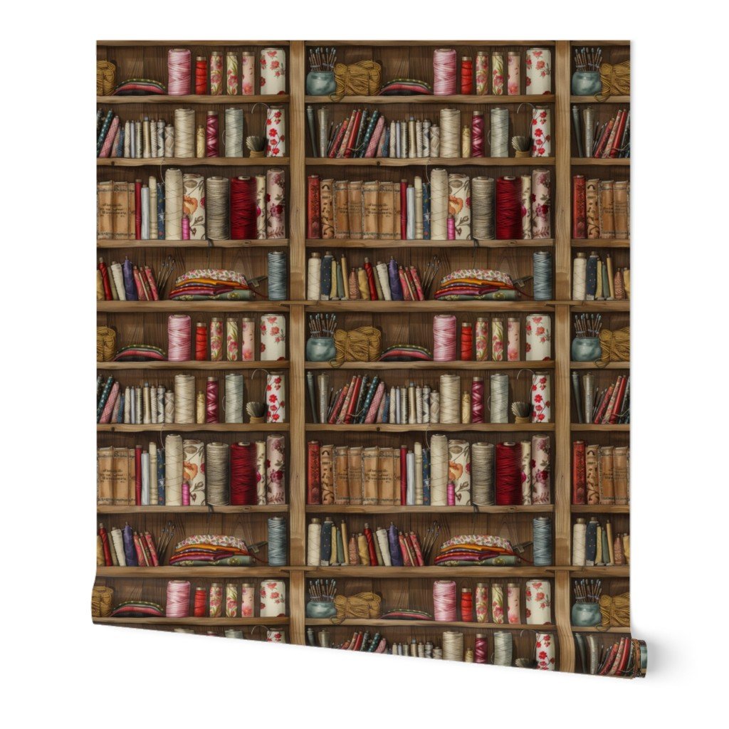 Vintage Bookcase with Fabric Bobbins Spools and Yarn Wallpaper fabric bobbins wallpaper