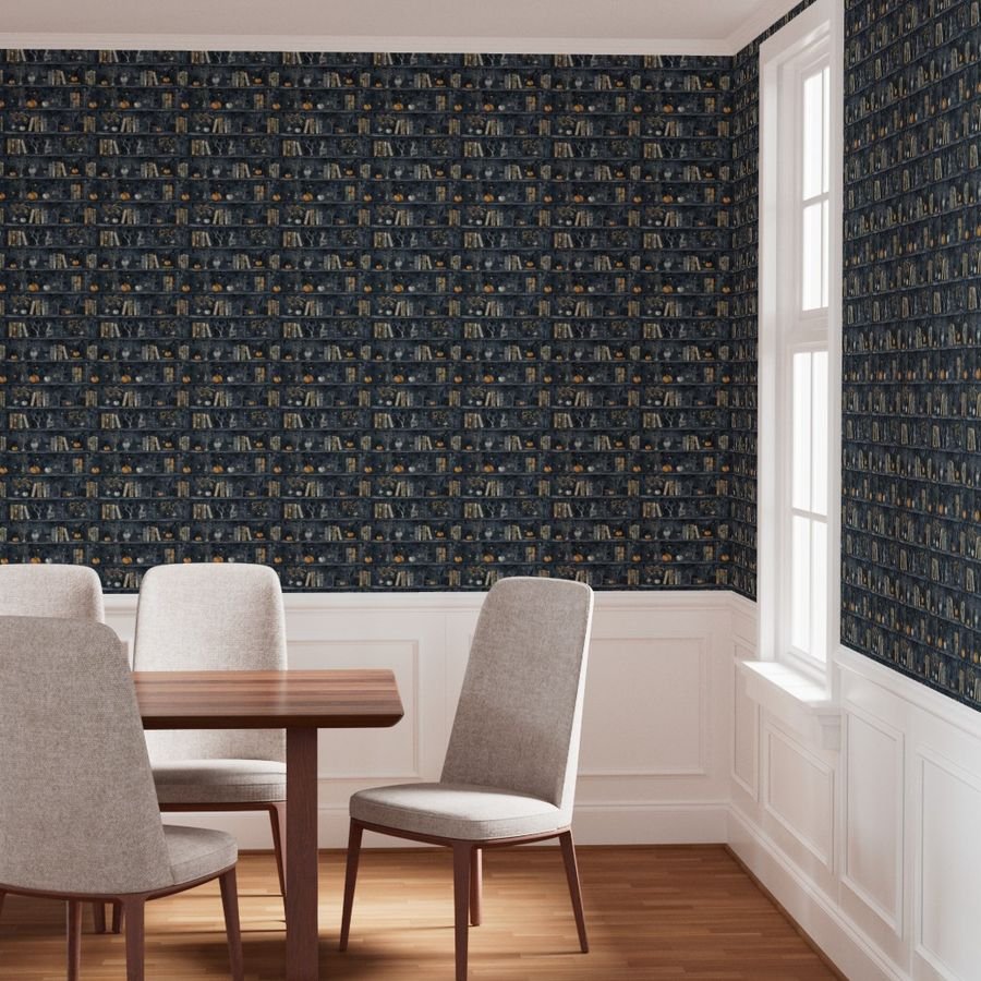Dark Blue Halloween Pumpkins and Vases on Vintage Bookcase Wallpaper dark blue wallpaper