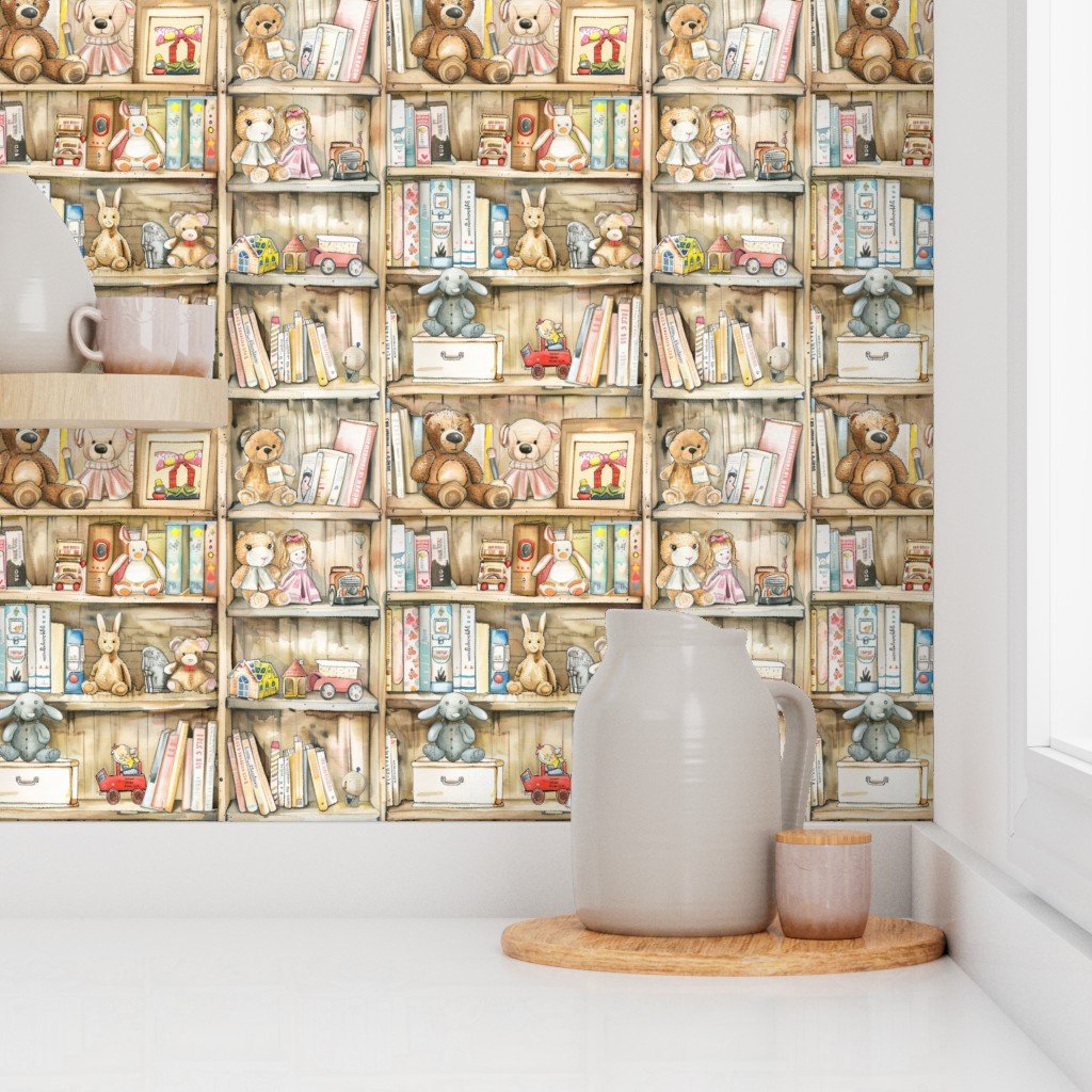 Vintage Bookcase with Teddy Bears and Toys for Kids