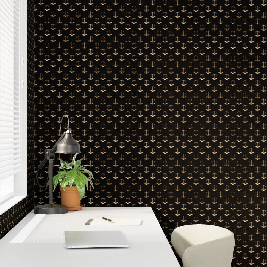 Yellow Gold Scales Of Justice on Black Repeat Wallpaper fabric wallpaper