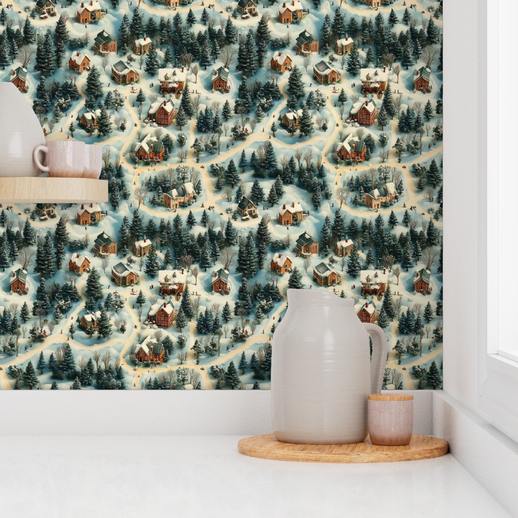 Whimsical Watercolor Christmas Village Wallpaper seasonal decor wallpaper