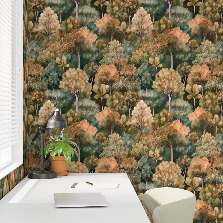 Endless Forest Watercolor - Golden Autumn Wallpaper forest painting wallpaper