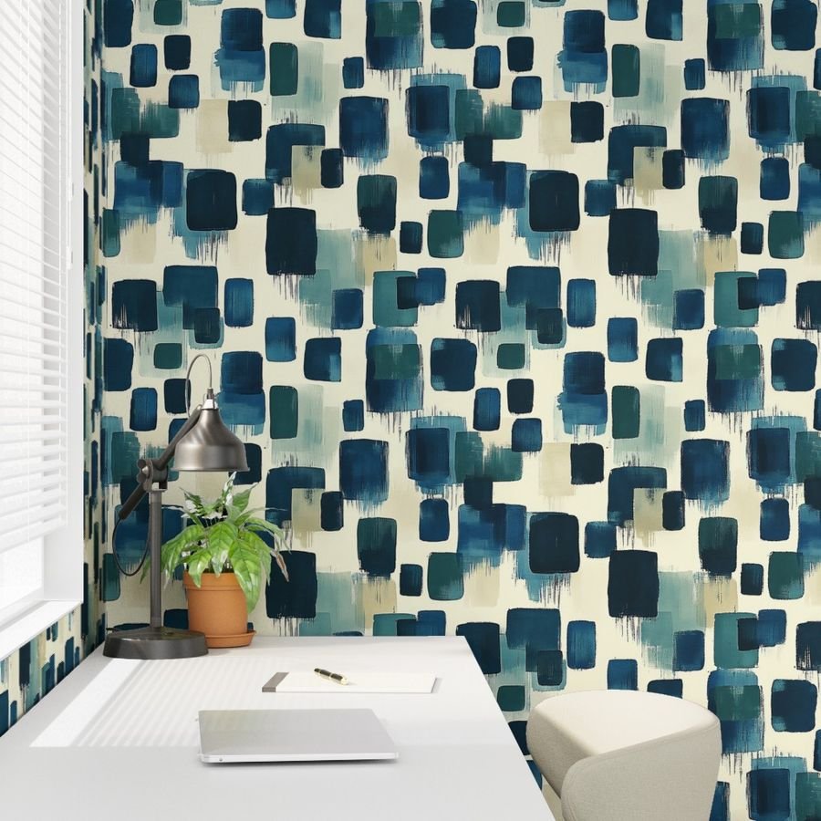 Large Abstract Brushstroke City Blocks in Deep Blue and Teal Wallpaper bold wallpaper