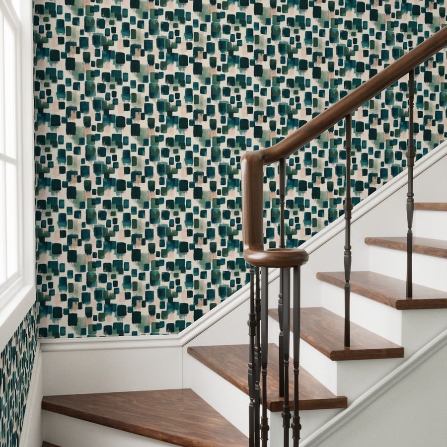 Abstract Earthy Brushstroke Blocks in Teal and Soft Peach Wallpaper decor wallpaper