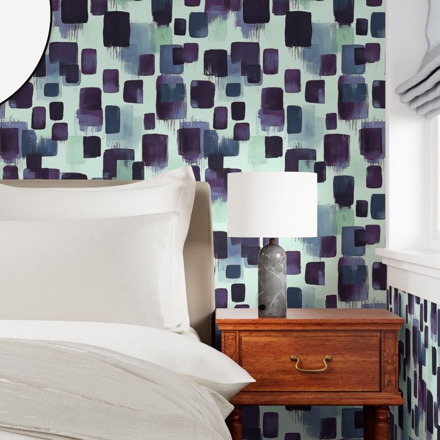 Large Abstract Brushstroke Blocks in Purple Teal and Cream Wallpaper contemporary wallpaper