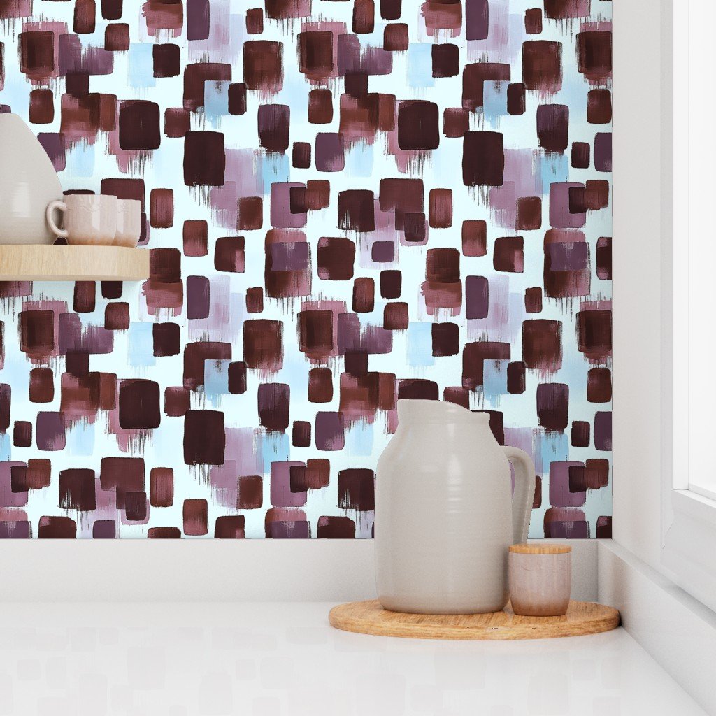 Abstract Brushstroke Blocks in Burgundy Lavender and Sky Blue Wallpaper brushstroke wallpaper