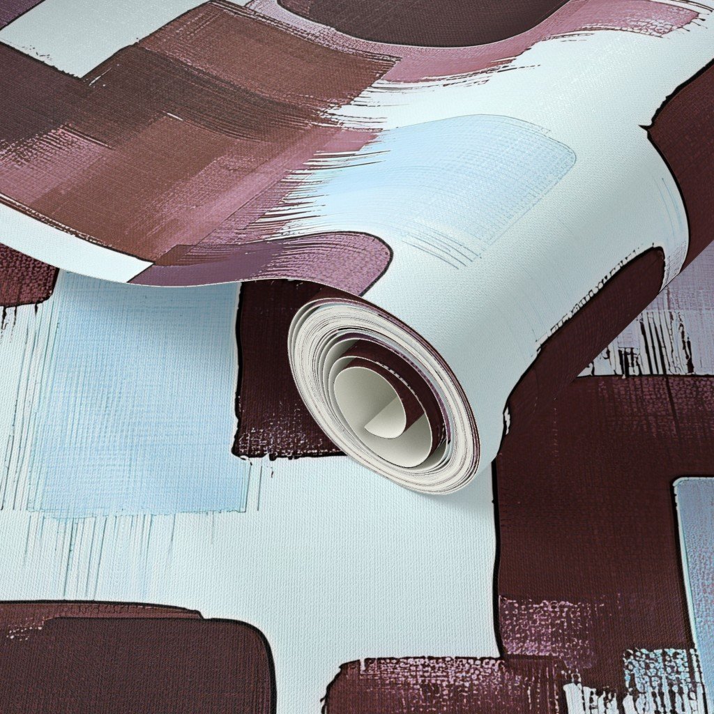 Large Abstract Brushstroke Blocks in Burgundy Lavender and Sky Blue Wallpaper brushstroke wallpaper