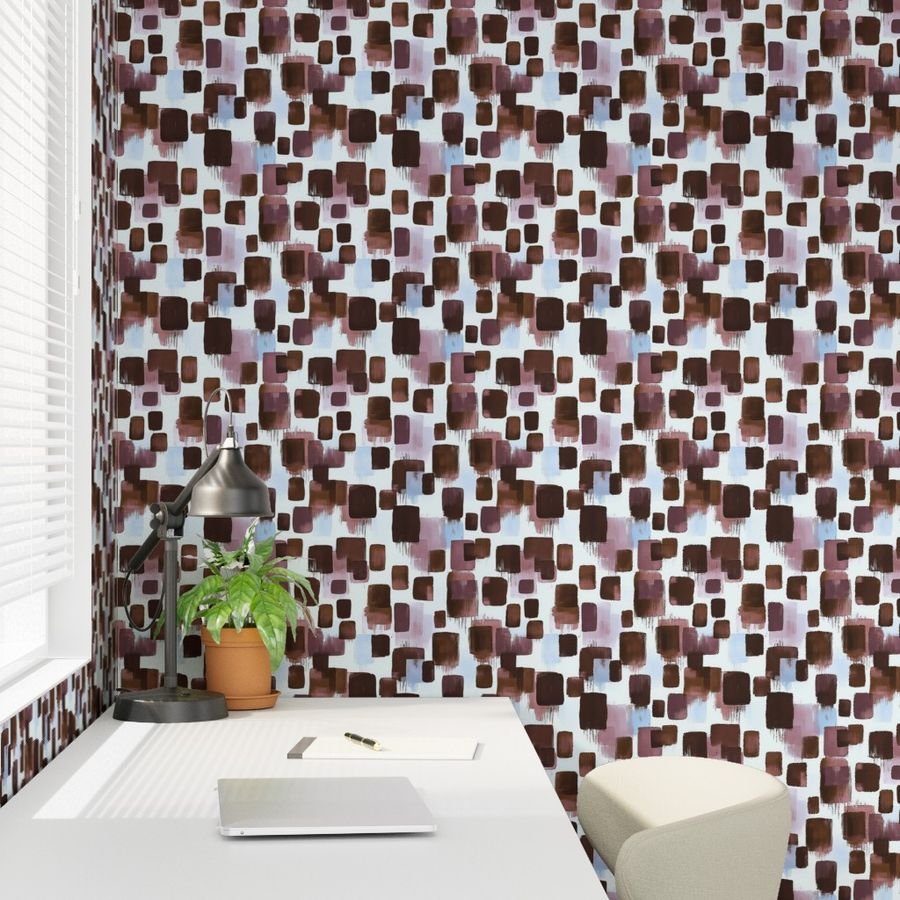 Abstract Brushstroke Blocks in Brown Rosewood and Sky Blue Wallpaper brown wallpaper