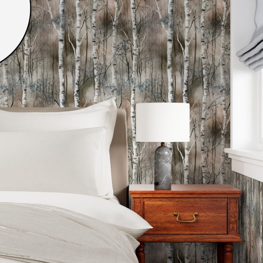 Endless Silver Birch Tree Dreamscape in Misty Taupe and Slate Blue Wallpaper forest wallpaper