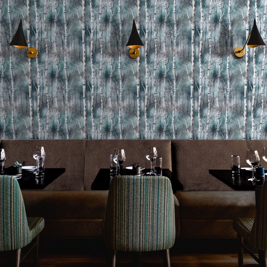 Endless Silver Birch Tree Dreamscape in Misty Teal and Soft Red Wallpaper forest wallpaper