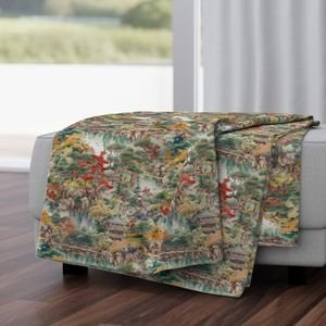 Small Japanese Water Garden Watercolor with Temples Home Styling Collection Design Collection asian landscape throw blanket design