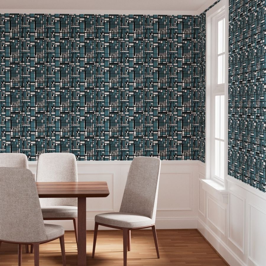 Dusty Teal Modernist City Blocks Geometric Pattern Wallpaper dusty teal wallpaper