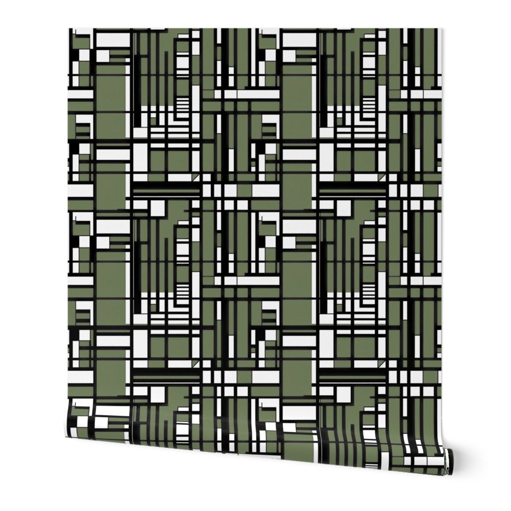 Sage Green Modernist City Blocks Geometric Pattern Wallpaper linear design wallpaper