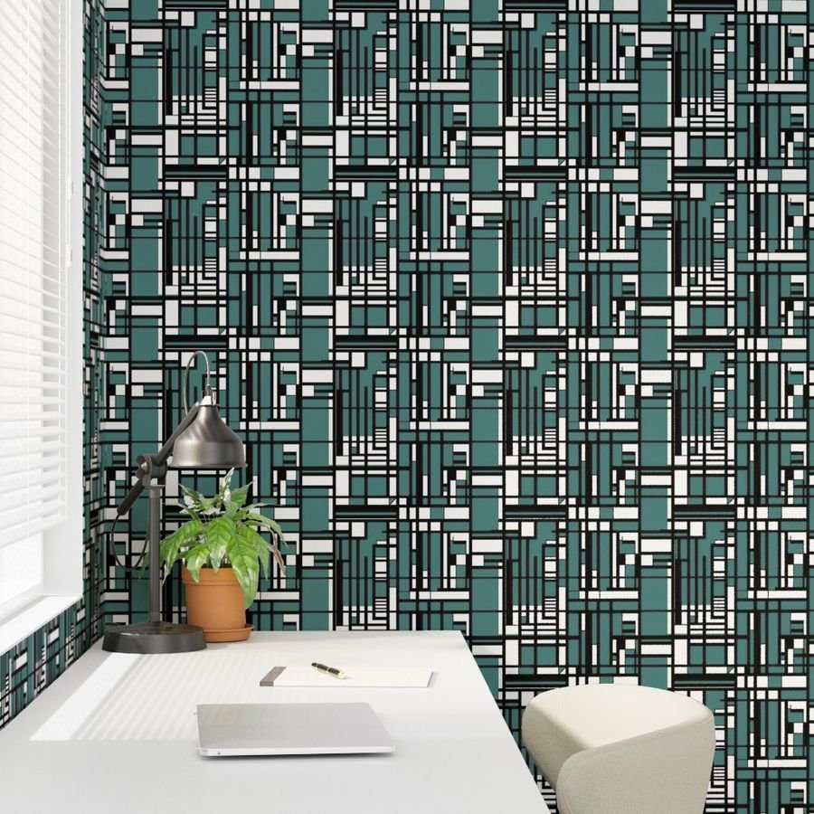 Dusty Teal Modernist City Blocks Geometric Pattern Wallpaper dusty teal wallpaper