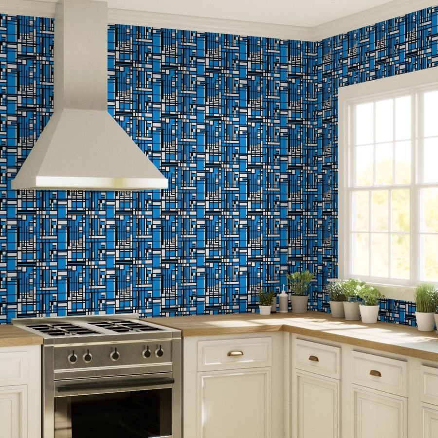Cyan Blue Modernist City Blocks Geometric Pattern Wallpaper cyan blue wallpaper