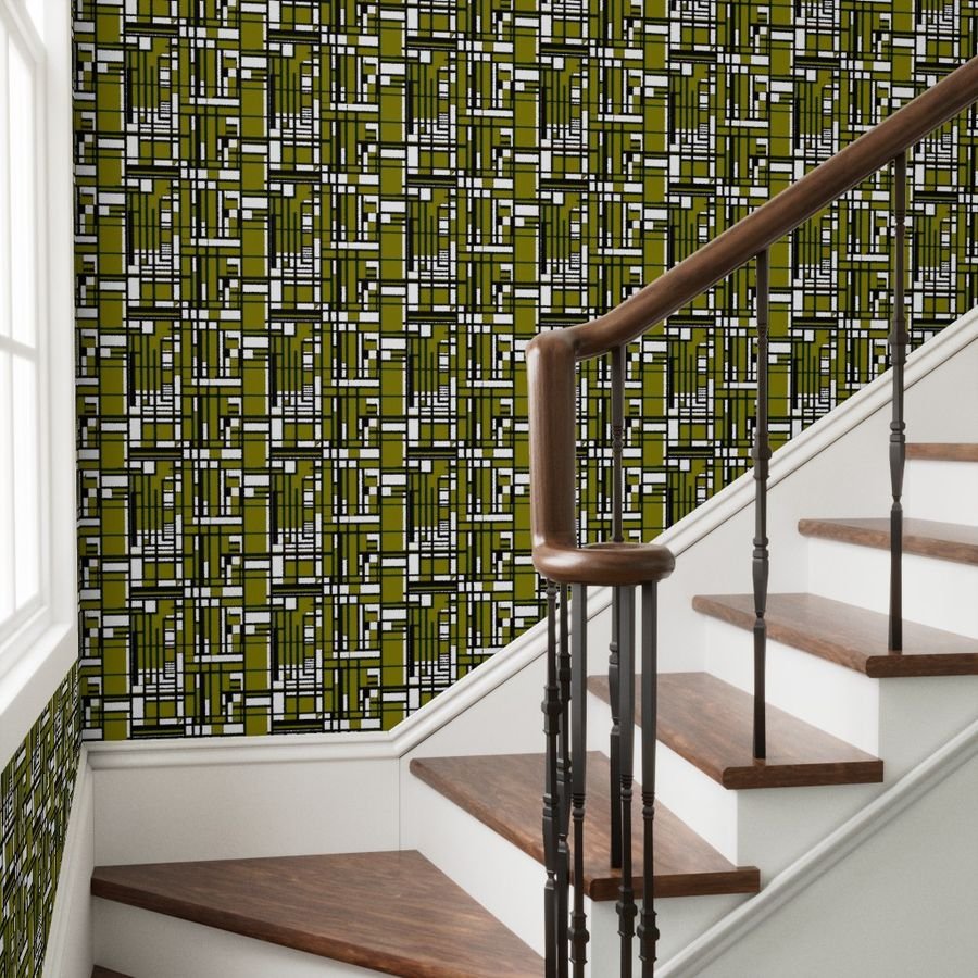 Olive Green Modernist City Blocks Geometric Pattern Wallpaper linear design wallpaper