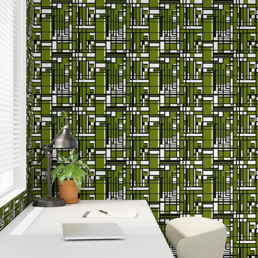 Moss Green Modernist City Blocks Geometric Pattern Wallpaper linear design wallpaper